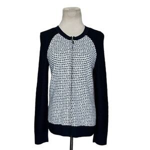 St. John black white knit long sleeves zippered cardigan jacket size XP